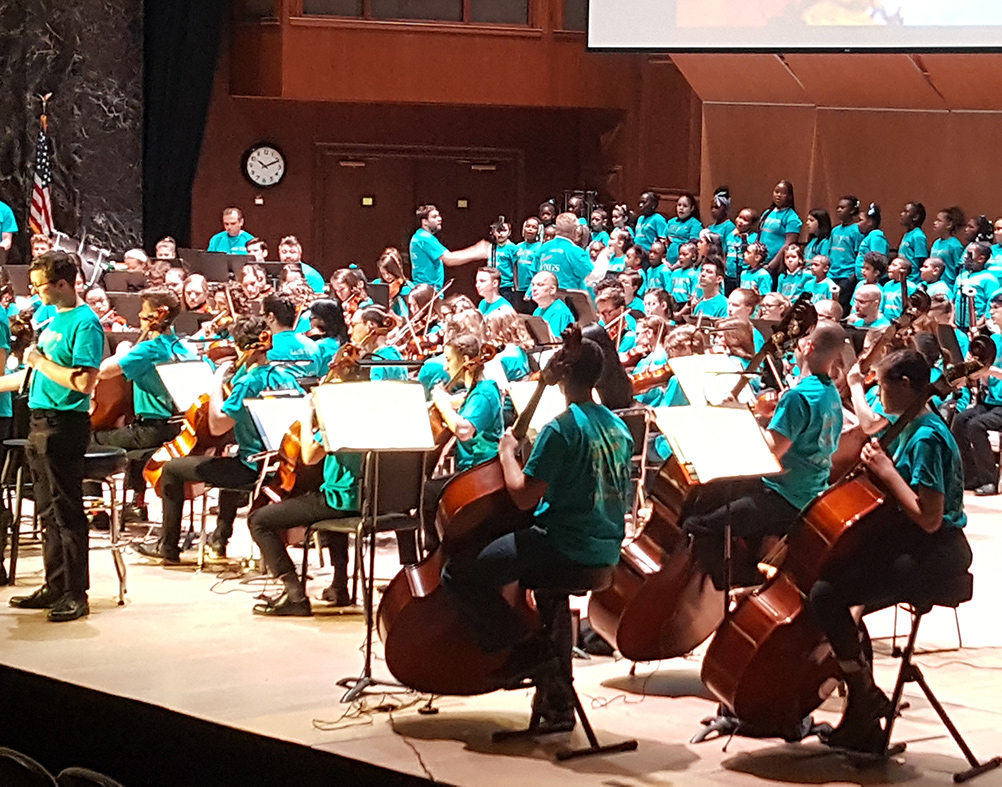 Students playing in the orchestra.